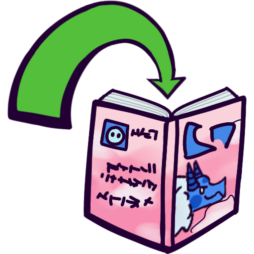 an open pink book with a blue eastern dragon on the front. a big, green, arching arrow is pointing into the book